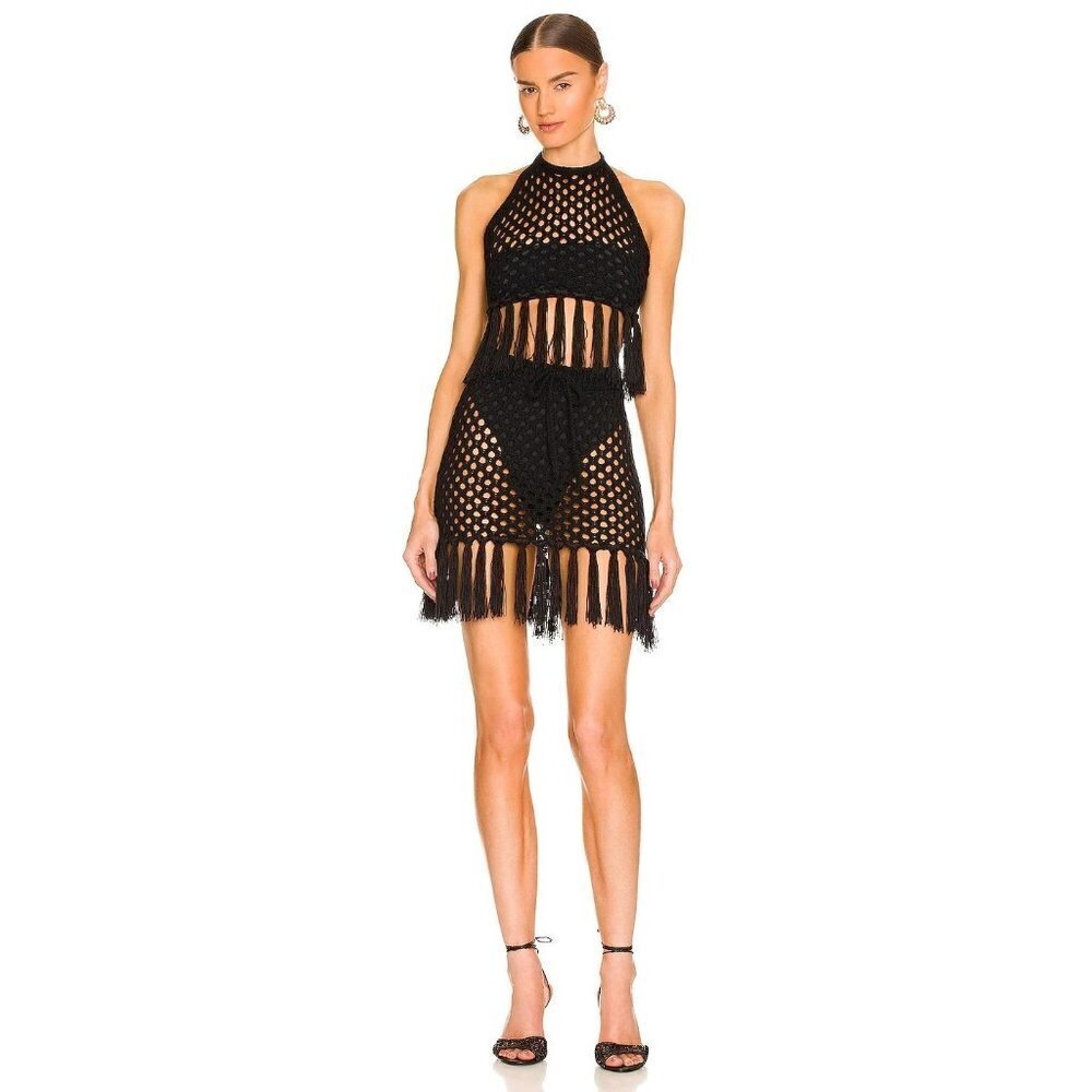 LPA Zene Fringe Mini Skirt in Black Small New Swim Crochet Cover up